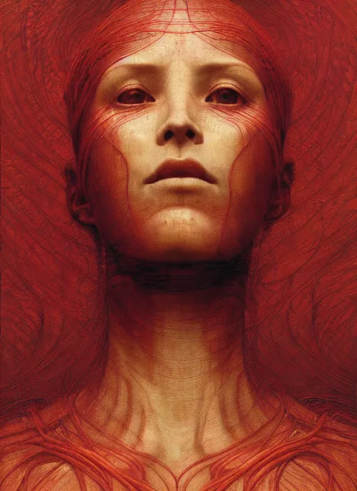 Prompt: Woman masterpiece, red, golden halo behind her head, red wires wrap around, by Edgar Maxence and Ross Tran, Zdzisław Beksiński, and Michael Whelan, distant, gustav dore, H.R. Giger, 8k, octane render