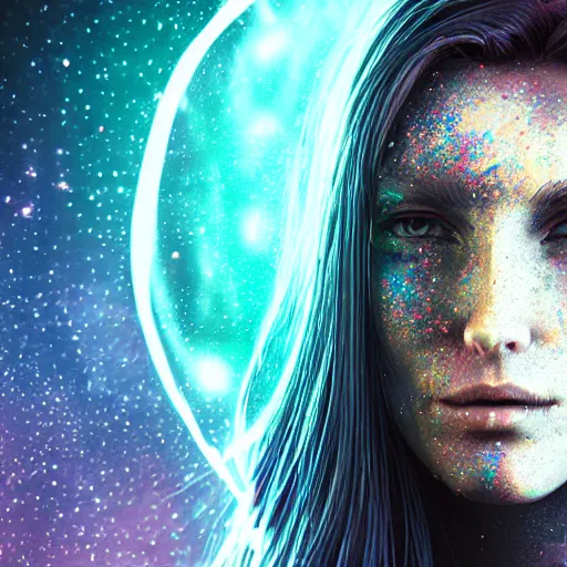 Prompt: woman portrait made out of galaxies, beautiful, cyborg, comic book art, realistic, highly detailed, octane render
