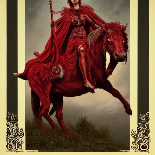 Image similar to a masterpiece! photographic portrait of a scarlet - colored beast with seven ( 7 ) heads and ten ( 1 0 ) horns by gustave dore and stephen hickman and allen williams, trending on artstation, cgsociety, 8 k hd, earthtone colors, a cloaked woman riding the back of the beast