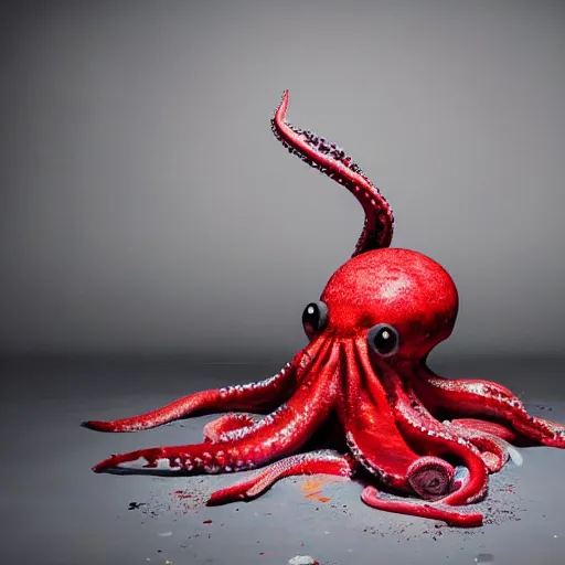 Image similar to a clean studio photography set, there is a bucket of red paint and it has just viciously exploded, there is paint EVERYWHERE, even on the octopus, incredible beautiful ambient light