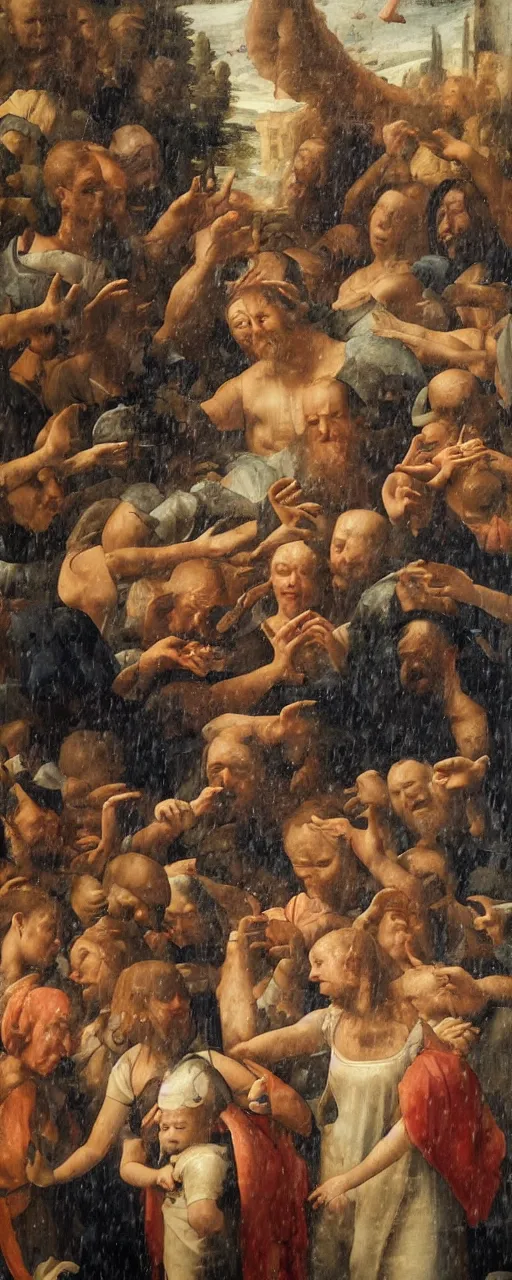 Prompt: hard rain pouring straight down, morning light, a hundred human figures smiling, renaissance painting, 8k, Trending on artstation, detailed.