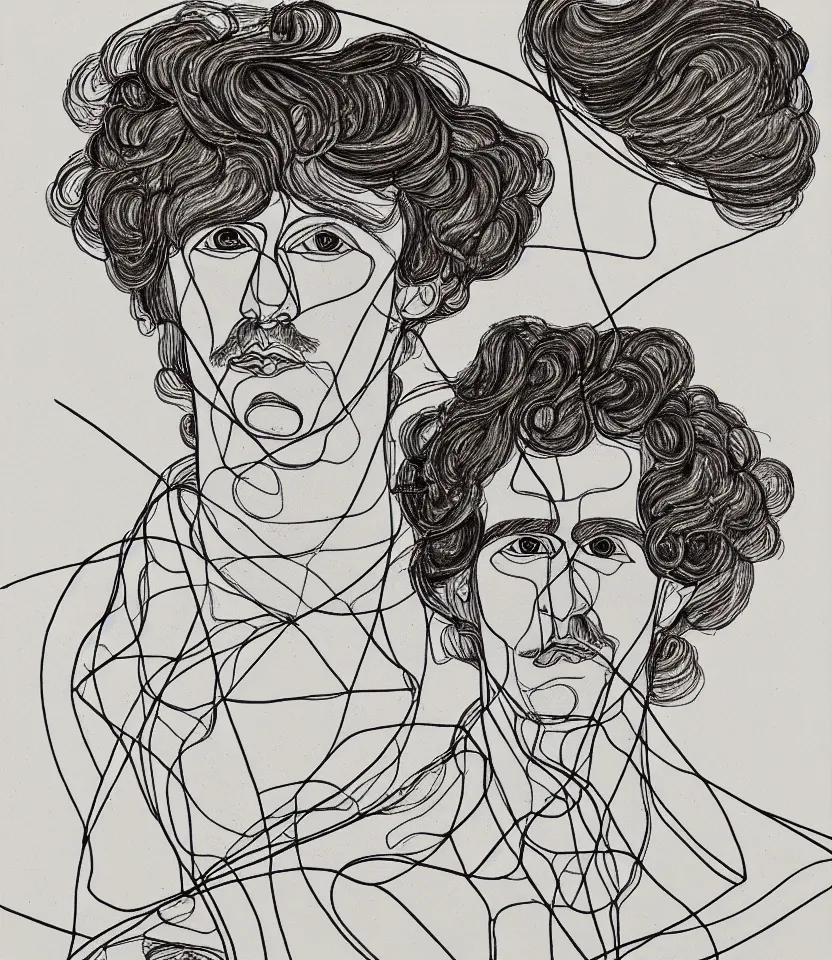 Prompt: elegant line art portrait of evard grieg. inspired by egon schiele. contour lines, musicality, twirls, curls and curves, strong personality, staring at the viewer