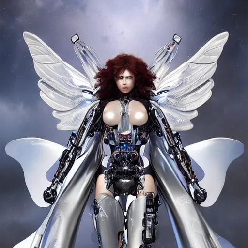 Image similar to UHD photorealistic studio portrait of a cyborg Angel with hyperrealistic Angel wings, futuristic robot angel, extremely detailed, 8k, cinematic lighting, in the style of Amano and Ayami Kojima and Karol Bak, art by Mark Brooks with vivid colors and crisp details