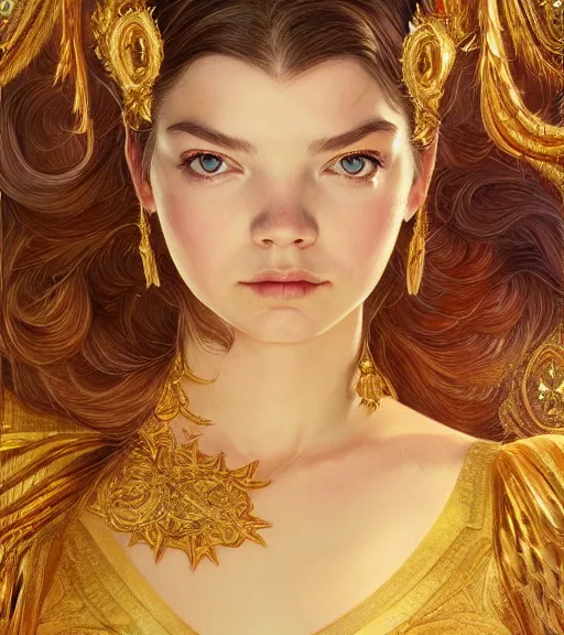 Prompt: Anya Taylor-Joy wearing gold, highly detailed, centered, digital painting, artstation, concept art, smooth, sharp focus, illustration, art by artgerm and donato giancola and Joseph Christian Leyendecker, Ross Tran, WLOP