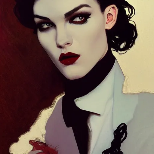 Prompt: exquisite portrait of androgynous ruby rose as desire from sandman in a white tuxedo!!!, rockabilly style,, by alphonse mucha, by jeremy mann, by peter lindbergh, dave mckean, by frank moth, white suit and black tie, soft lightning, high detailed, 8 k