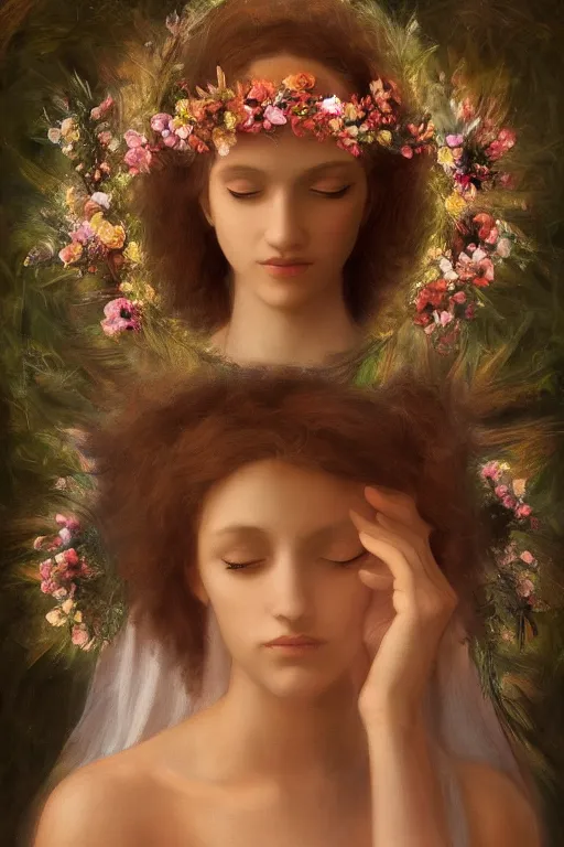 Prompt: the Divine Feminine, Beautiful, Flower Crown of the Gods, Woman, All Races, All Cultures, Female, Birth of creation, Mother Earth, Divinity, Hope, Ethereal, Renaissance Painting, Atmospheric Lighting, artstation trending