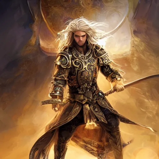 Image similar to Full body shot of beautiful male cleric with long flowing blonde hair wearing burnished bronze armour emblazoned with a swan on the breastplate. Wielding a magical scimitar embossed with the phases of the moon. Magic, bright divine lighting, flux. High fantasy, digital painting, HD, 4k, detailed by Ruan Jia