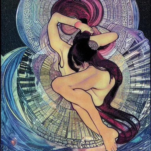 Prompt: a beautiful illustration of a black cube projecting on its surface the birth of a black hole, style of yoshitaka amano and alfons mucha