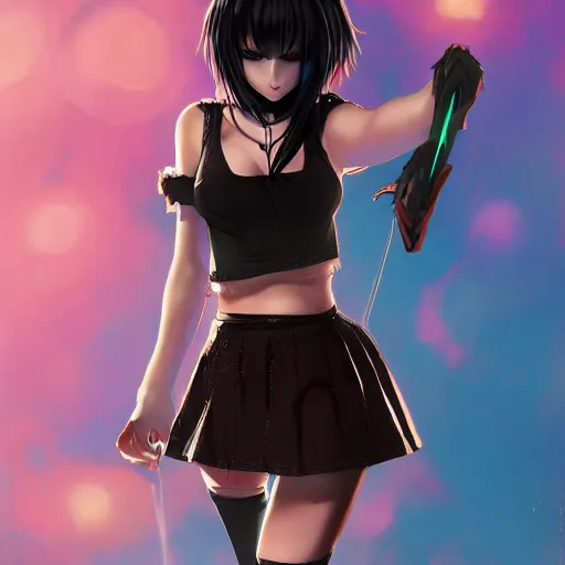 Image similar to goth anime girl in mini skirt and crop top intricate, extremely detailed, digital painting, artstation, concept art, smooth, sharp focus, illustration, sensual lighting, incredible art,