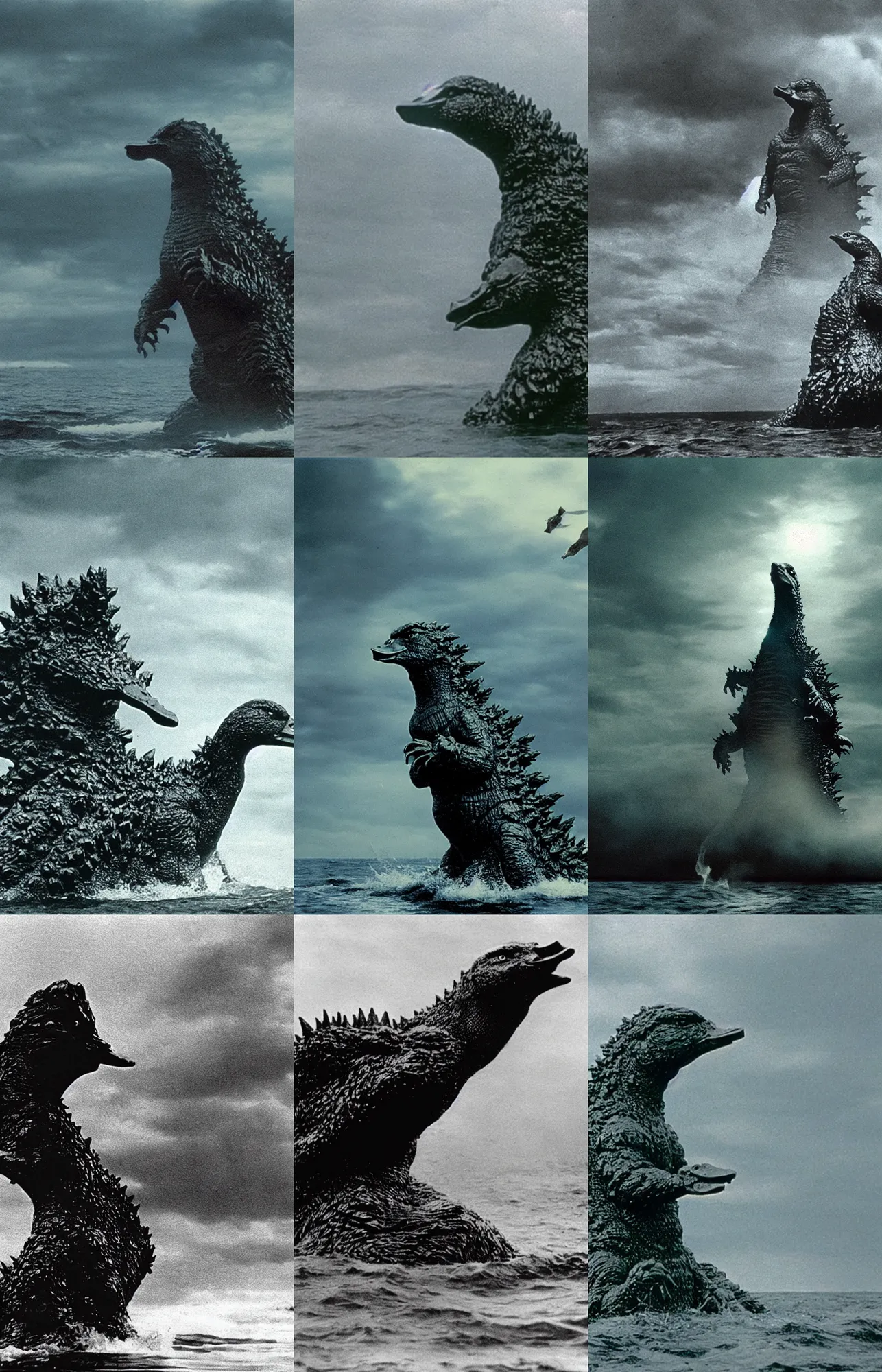 Prompt: godzilla as mallard duck rising from the ocean, dark and ominous, film still