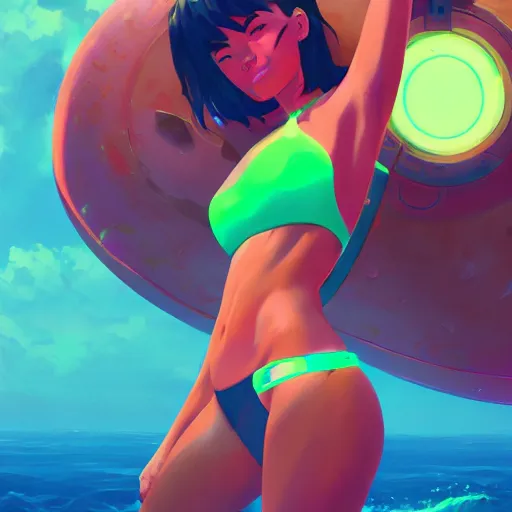 Image similar to neon bikini woman in the ocean | hyperrealistic digital painting by makoto shinkai, ilya kuvshinov, lois van baarle, rossdraws | afrofuturism in the style of hearthstone and overwatch, trending on artstation