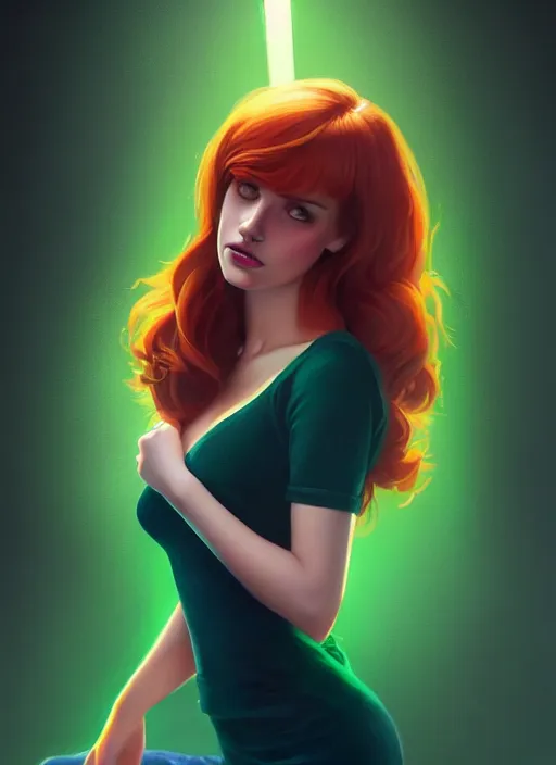 Image similar to full body portrait of teenage cheryl blossom, bangs, green eyes, mischievous expression, red hair, sultry smirk, bangs and wavy hair, intricate, elegant, glowing lights, highly detailed, digital painting, artstation, concept art, smooth, sharp focus, illustration, art by wlop, mars ravelo and greg rutkowski