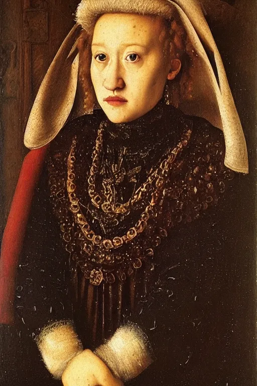 Prompt: portrait of julia garner, oil painting by jan van eyck, northern renaissance art, oil on canvas, wet - on - wet technique, realistic, expressive emotions, intricate textures, illusionistic detail