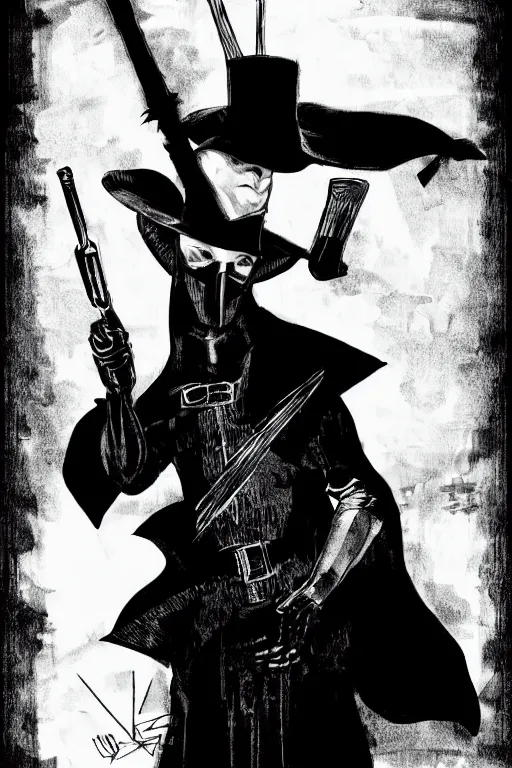 Prompt: black and white illustration of El Zorro, neo noir style, Frank Miller creative design, Josep Tapiró Baró