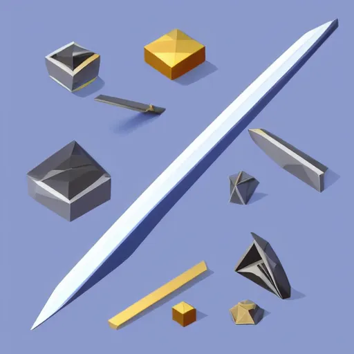 Image similar to isometric vector low poly silver sword with black hilt icon, blue background, cgsociety, volumetric lighting