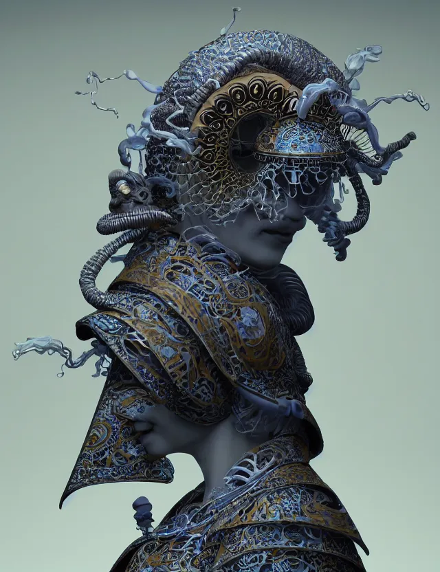 Image similar to 3 d goddess close - up profile portrait of cultist monk in hooded robe with ram skull. beautiful intricately detailed japanese crow kitsune mask and clasical japanese kimono. betta fish, jellyfish phoenix, bio luminescent, plasma, ice, water, wind, creature, artwork by tooth wu and wlop and beeple and greg rutkowski