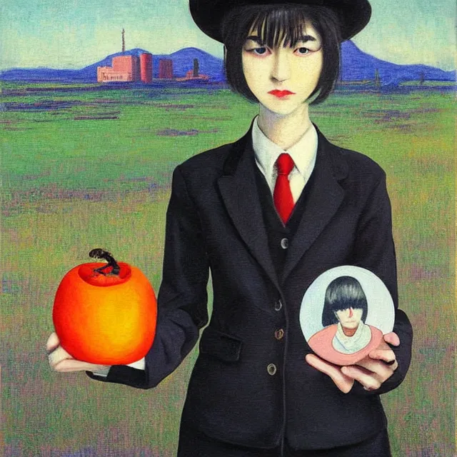 Image similar to tall emo girl artist holding small portraits and a persimmon, on shinkansen in tokyo, shinagawa station, pigs, octopus, acrylic on canvas, surrealist, by magritte and monet