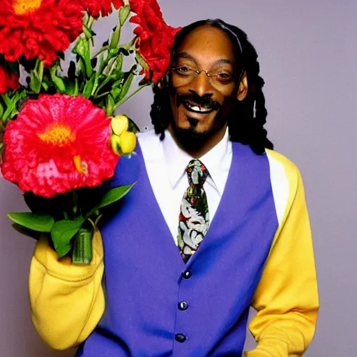 Image similar to Snoop Dogg grinning while holding a Vase of flowers for a 1990s sitcom tv show, Studio Photograph, portrait, evil grin C 12.0