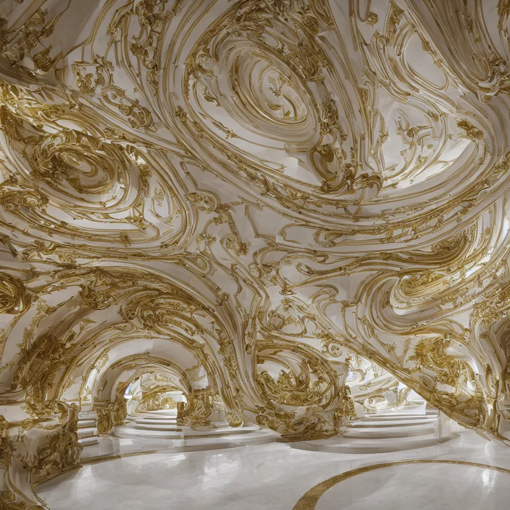 Image similar to an incredibly smooth curvilinear digital neo baroque interior architectural sculpture, a golden pool on the ground is envelope by folding white smooth surfaces, seductive, visually satisfying architecture render