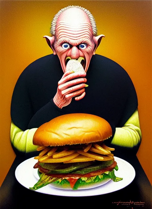 Image similar to hyper detailed 3d render like an Oil painting - Portrait of Palpatine eating a hamburger by Jacek Yerka, Mariusz Lewandowski, Houdini algorithmic generative render, Abstract brush strokes, Masterpiece, Edward Hopper and James Gilleard, Zdzislaw Beksinski, Mark Ryden, Wolfgang Lettl, hints of Yayoi Kasuma, octane render, 8k