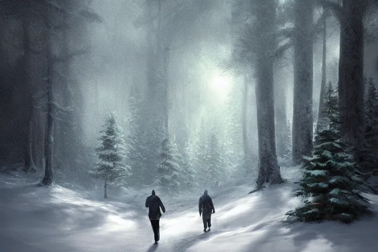 Image similar to portrait of Christopher Walken walking in a snowy pine forest, elegant, trending on artstation, highly detailed, digital painting, volumetric light, concept art, middle focus, illustration, lighting by Marc Adamus