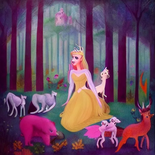 Image similar to A beautiful body art of Princess Aurora singing in the woods while surrounded by animals. She looks so peaceful and content in the company of the animals, and the colors are simply gorgeous. by Victor Adame Minguez, by Alice Rahon