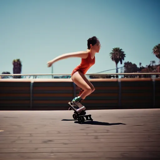 Image similar to a roller skater in a cinematic shot in santa monica, mid - afternoon, canon eos c 3 0 0, ƒ 1. 8, 3 5 mm, 8 k, medium - format print, inspired by roger deakins cinematography