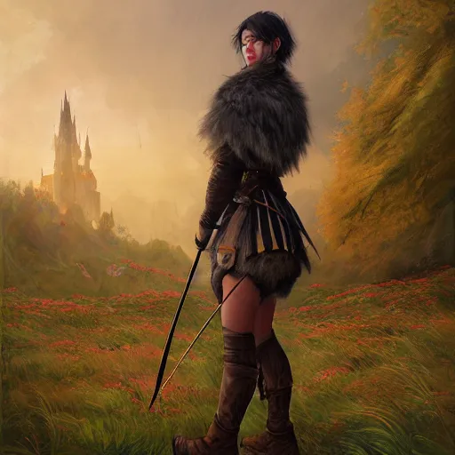 Prompt: a warrior girl with short black hair wearing a gray cloak with fur collar and leather boots holding a crossbow standing in a meadow with medieval fantasy landscape with castle in the distance, shot from behind, fantasy art, digital art, by andreas rocha, trending on artstation, vibrant colors