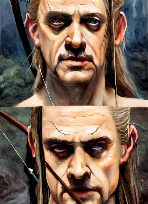 Image similar to portrait of steve buscemi as legolas, action shot, elven archer, by alan lee, lord of the rings, smooth, detailed terrain, oil painting, matte painting, concept art, trending on artstation, promotional artwork, film still, elegant, photorealistic facial features, intricate, detailed face, cinematic lighting