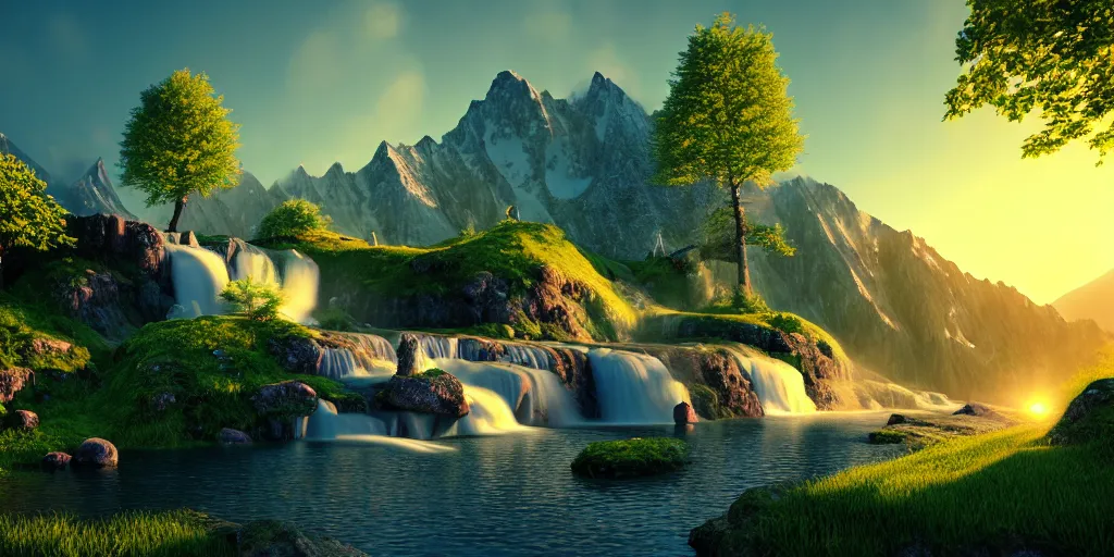 Prompt: a beautiful fantasy landscape, mountain in background, a waterfall in the mountains, little cottage, small pond, some trees in the corner, sunrise, hyper realism, octane render, art by philipp urlich