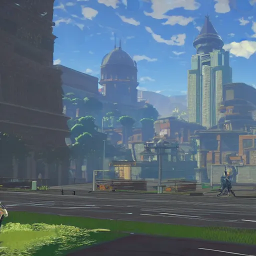 Image similar to urban breath of the wild, cityscape, noire