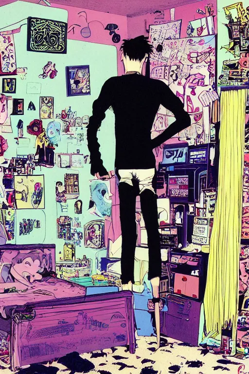 Image similar to a skinny goth guy standing in a cluttered 9 0 s bedroom by jamie hewlett, back view, jamie hewlett art, full body character concept art, vaporwave colors,