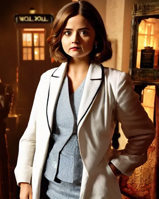 Image similar to Jenna Coleman as the Doctor, velvet blazer, waistcoat, Doctor Who