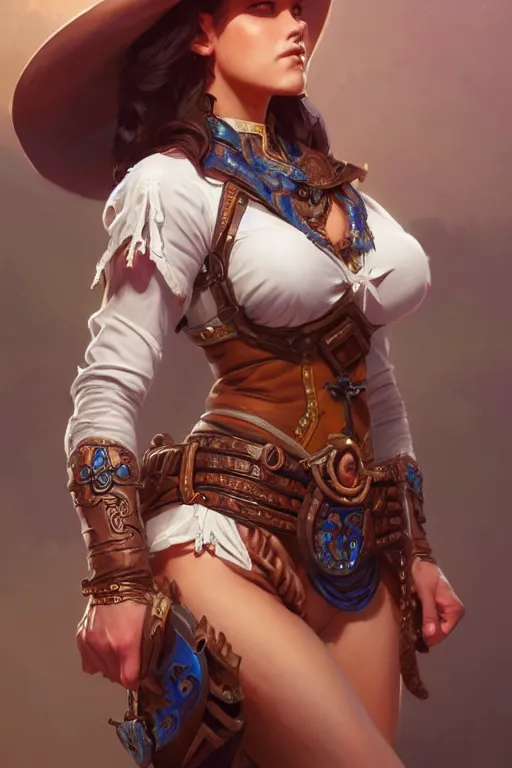 Image similar to beautiful female cowgirl, full body shot, d & d, fantasy, intricate, elegant, highly detailed, digital painting, artstation, concept art, matte, sharp focus, illustration, hearthstone, art by artgerm and greg rutkowski and alphonse mucha