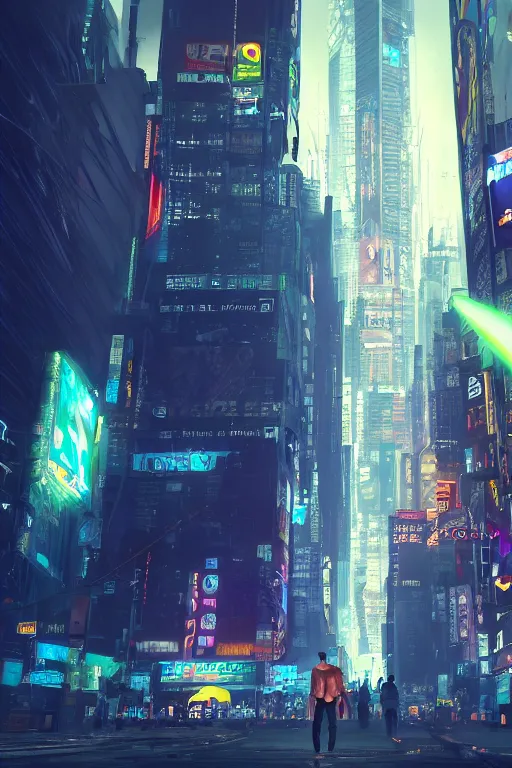 Image similar to A man in the middle of New York City cyberpunk, futuristic, oil painting, unity engine, wide angle, anime styled 3d, trending on artstation, high definition, god rays, caustics