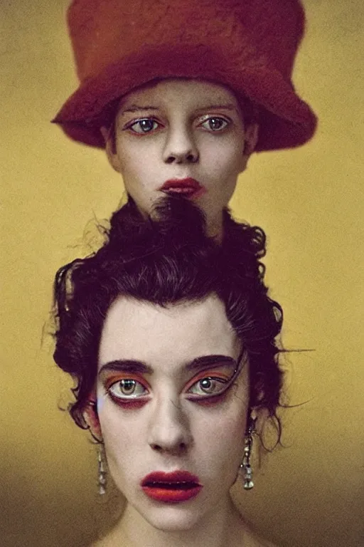 Image similar to hyperrealism close - up fashion portrait by roversi photo from the holy mountain by alejandro jodorowsky in style of francisco goya