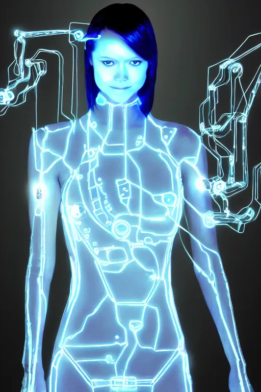 Image similar to summer glau as cortana from halo, transparent glowing digital body, complex wires and circuits