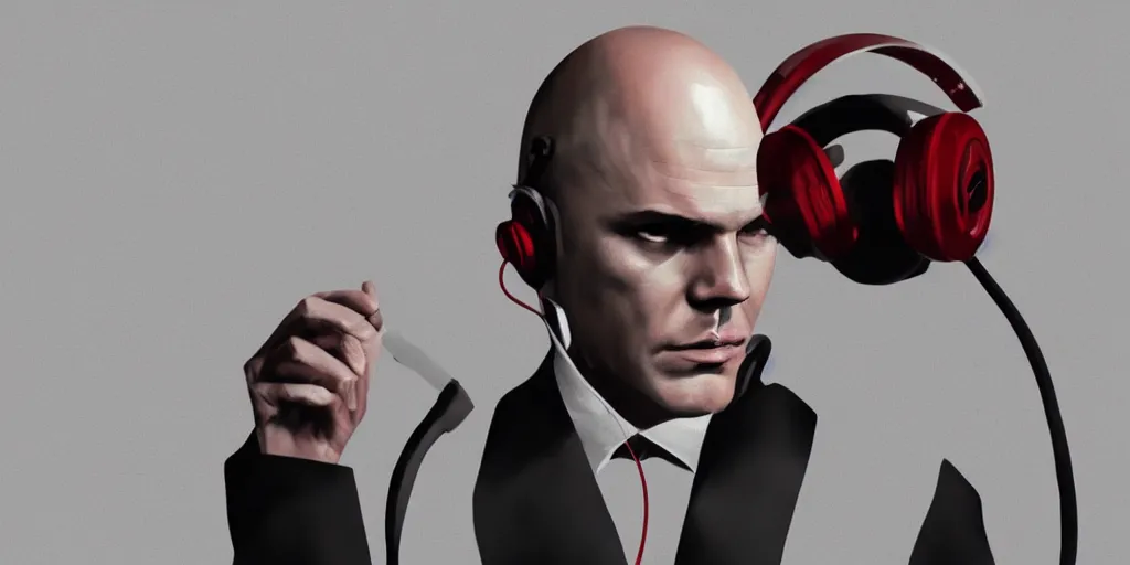 Image similar to a portrait of agent 4 7 from hitman wearing large headphones with wires in the background listening to music, dark background, red rim light, smooth, sharp focus, art by irina french