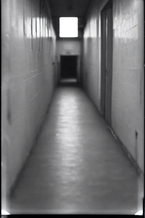 Prompt: photo polaroid of a sad and lonely child in the middle of a long corridor inside a prison, loneliness , black and white ,photorealistic, 35mm film,