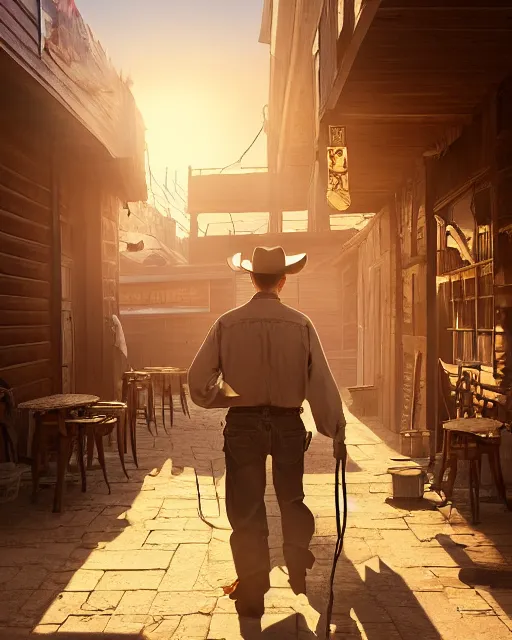 Image similar to an old cowboy walking through the door of a bustling, crowded. saloon, wild west, sunset lighting, dusty, sunbeams. digital illustration, colors, soft lighting, adventurous, atmospheric lighting, 8K, octane render. By Makoto Shinkai, Stanley Artgerm Lau, WLOP, Rossdraws, James Jean, Andrei Riabovitchev, Marc Simonetti, krenz cushart, Sakimichan, D&D trending on ArtStation, digital art.