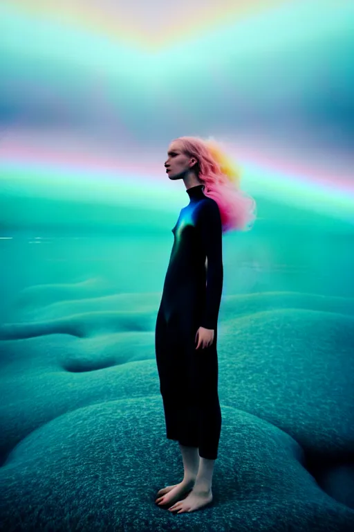 Image similar to high quality pastel coloured film close up wide angle photograph of a model wearing clothing swimming on cloud furniture in a icelandic black rock!! environment in a partially haze filled dreamstate world. three point light, rainbow. photographic production. art directed. pastel colours. volumetric clouds. pastel gradient overlay. waves glitch artefacts. extreme facial clarity. 8 k. filmic.