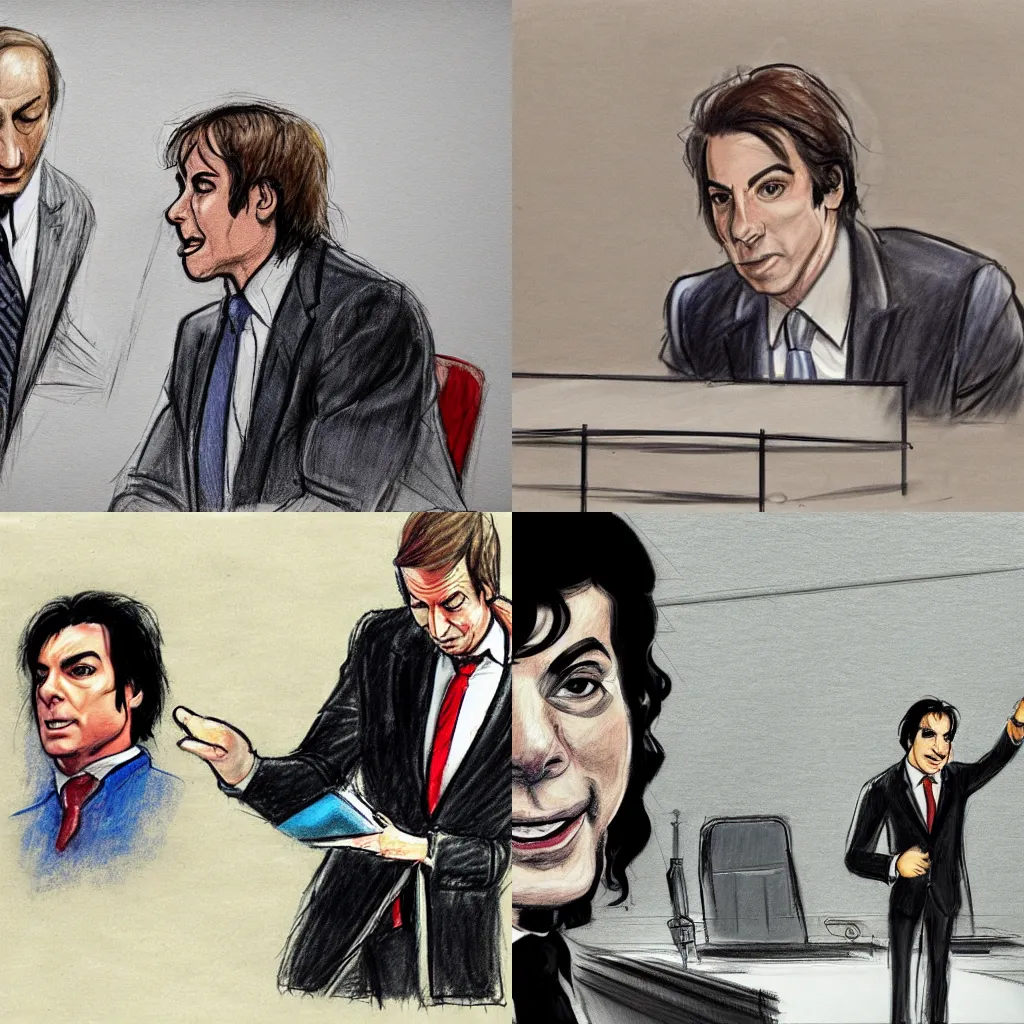 Prompt: court sketch of lawyer Saul Goodman defending Michael Jackson on court