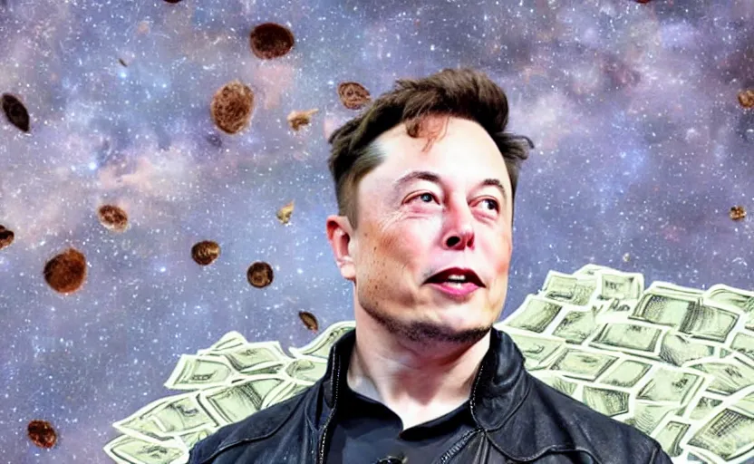 Prompt: digital art of elon musk surrounded by piles of money and rocketing to space