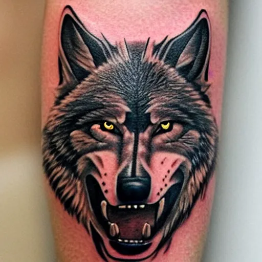 Prompt: tattoo of close up portrait photo of an angry wolf with huge teeth, 8k,