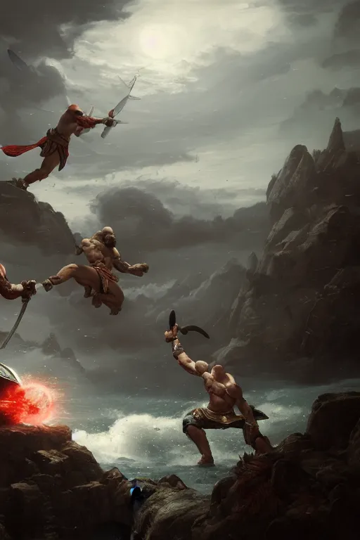 Prompt: kratos fighting zeus in the olympus, highly detailed, digital painting, artstation, cinematic, illustration, unreal engine 5, 8 k, art by greg rutkowski and edgar maxence