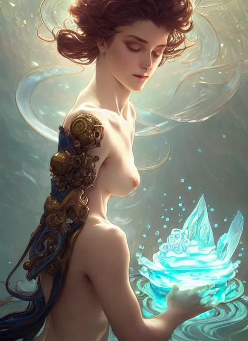 Image similar to summoner with a cute water elemental, fantasy, intricate, elegant, highly detailed, digital painting, artstation, concept art, wallpaper, smooth, sharp focus, illustration, art by artgerm and greg rutkowski and alphonse mucha