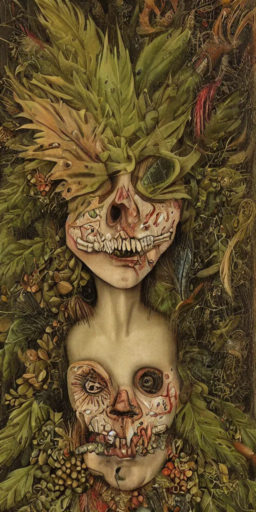 Image similar to portrait of a teenage punk zombie dissolving in a field of foliage, botanicals, fruit and feathers, highly detailed, fantasy art, in the style of hieronymous bosch, cartoonish, whimsical