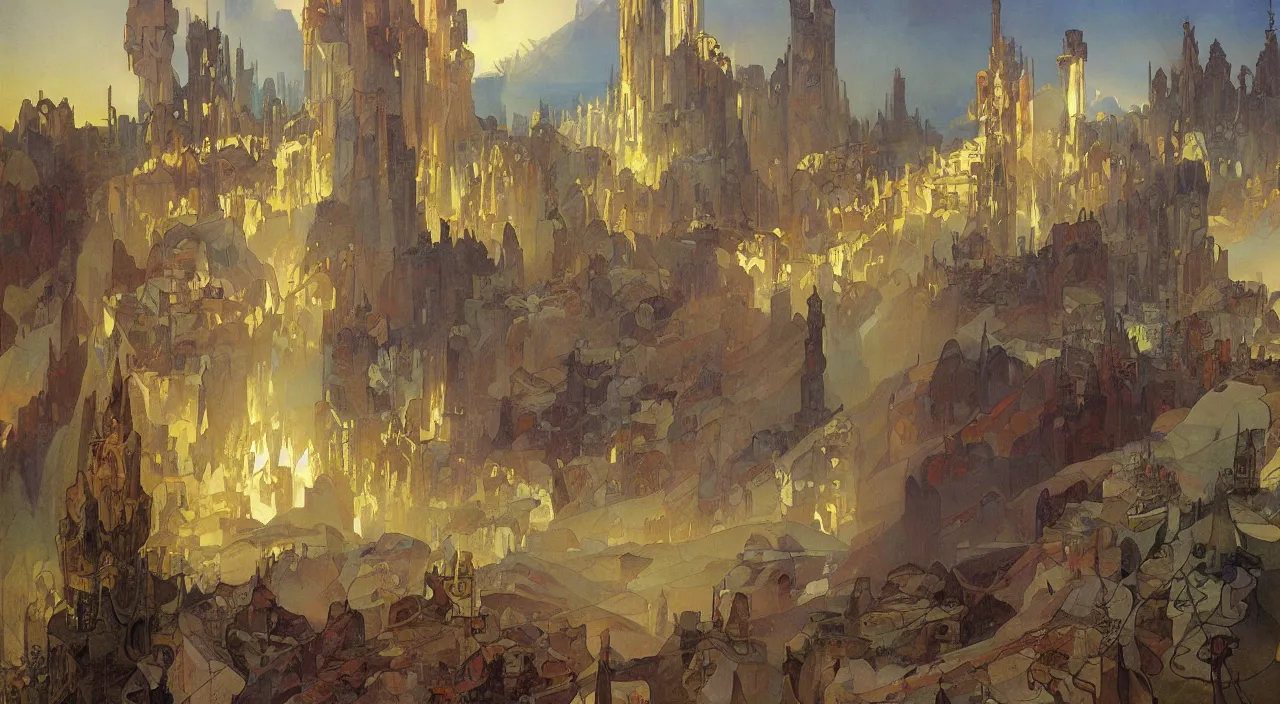 Prompt: A beautiful landscape painting of dystopian future by Alfons Maria Mucha and guido borelli da caluso and don bluth