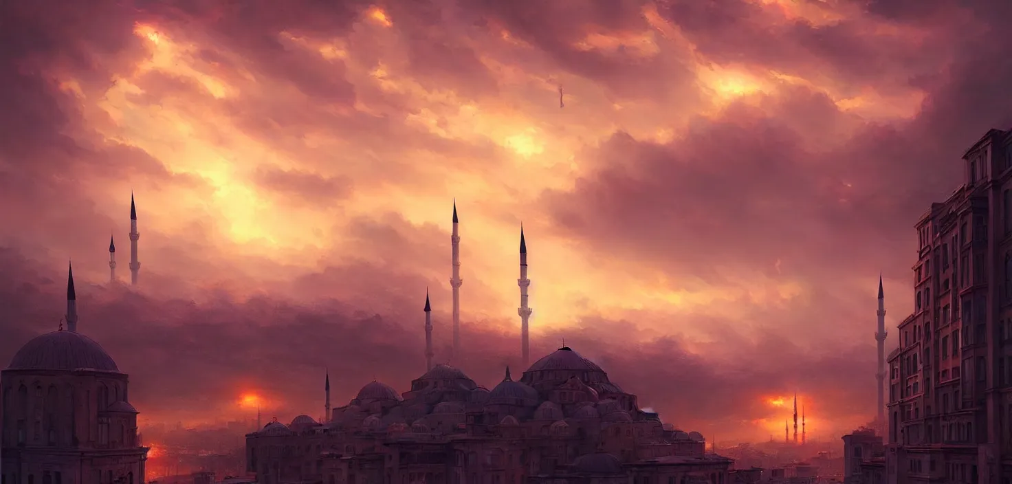 Image similar to istanbul, cinematic view, epic sky, detailed, concept art, low angle, high detail, warm lighting, volumetric, godrays, vivid, beautiful, trending on artstation, by jordan grimmer, huge scene, art greg rutkowski