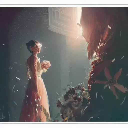 Image similar to lady at a wedding, intricate complexity, by greg rutkowski, artgerm, ross tran, conrad roset, takato yomamoto, ilya kuvshinov. 4 k, beautiful, cinematic dramatic atmosphere